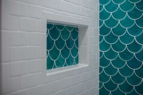 Fish Scale Tile Bathroom, Kitchen Tiles Wall, Fish Scale Tiles, Moroccan Fish, Mermaid Tile, Moroccan Fish Scale Tile, Moroccan Fish Scale, Shower Renovation, Tile Renovation