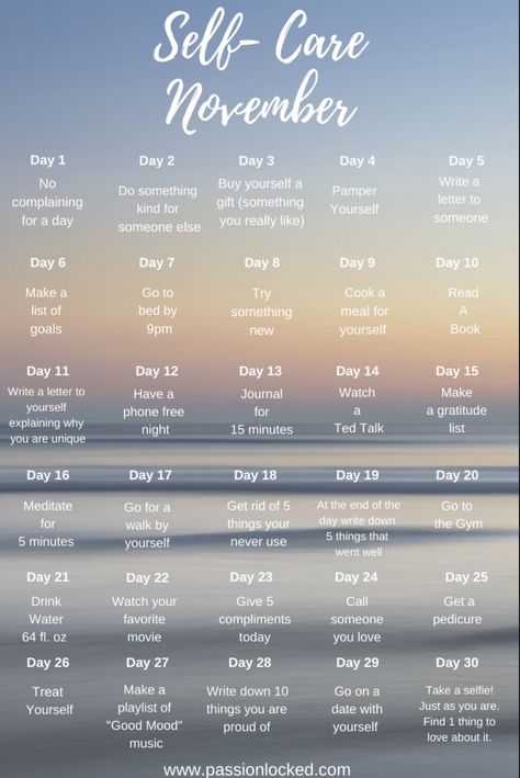 https://passionlocked.com/2018/11/01/self-care-november/ Goals For November, November Self Care Calendar, Self Care November, November Self Care Challenge, November Self Care, Autumn Self Care, November Goals, Importance Of Self Care, 365 Jar