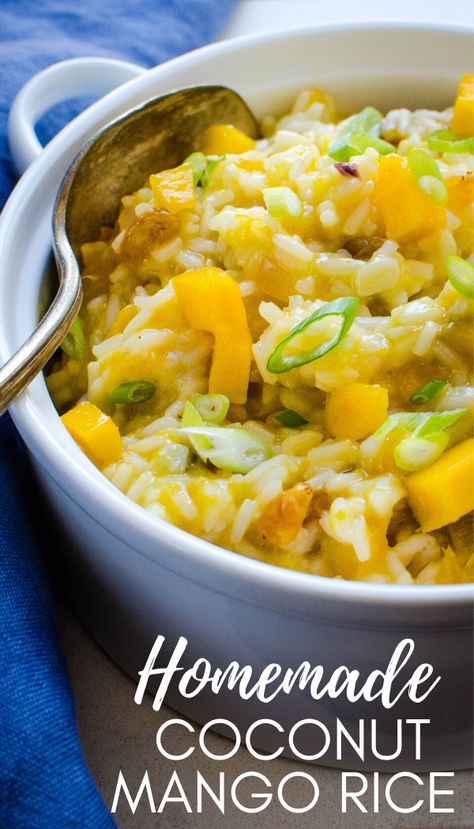 Gourmet Rice Recipes, Pineapple Mango Rice, Sticky Coconut Chicken And Rice, Coconut Mango Sticky Rice, Tropical Rice Recipes, Mango Coconut Rice, Coconut Mango Rice, Exotic Food Recipes, Tropical Food Recipes