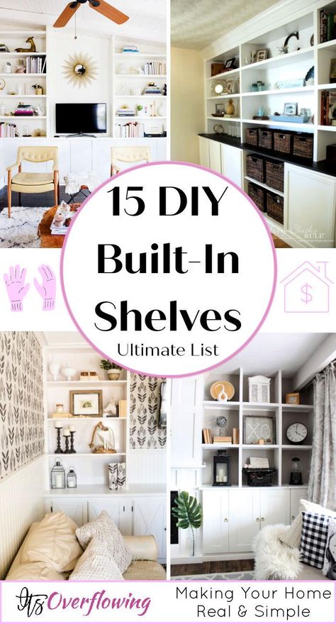 Diy Built In Shelves Bedroom, How To Diy Built In Shelves, How To Make Shelves Look Built In, Diy Built In Bookcase With Cabinets, How To Make Built In Shelves, Simple Built In Bookshelves, Diy Built In Bookcase, Bedroom With Books, Diy Built In Bookshelves