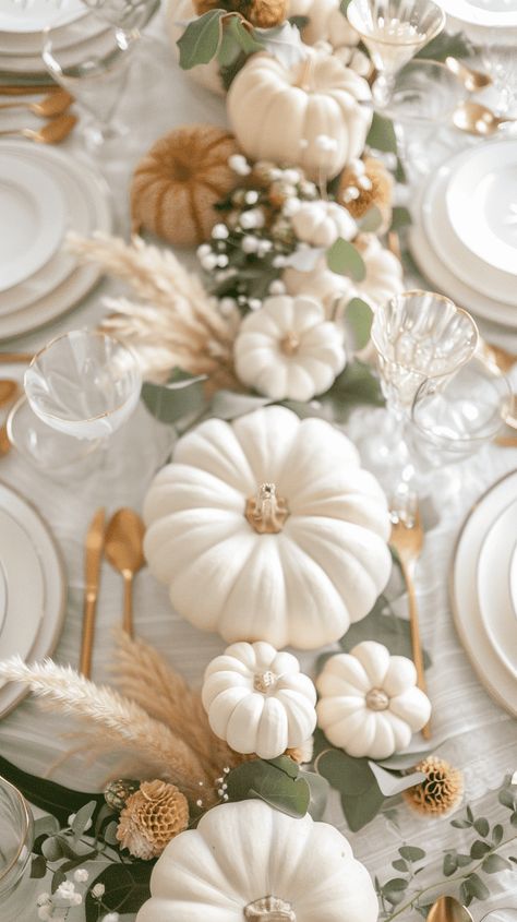 30+ Modern Thanksgiving Tablescapes To Elevate Your Celebration Thanksgiving Table Decor Elegant, Muted Fall Tablescapes, Thanksgiving Theme Wedding, Dining Buffet Decor Ideas Modern, Silver And Gold Thanksgiving Table, Ribbon On Table Decor, Beige Thanksgiving Aesthetic, 2024 Thanksgiving Trends, Pumpkin Tablescape Fall Decorating