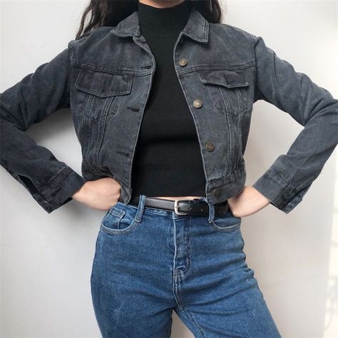 69d658d0b2859e32cd4dc3b970c8496cdesc47066043ri Denim Jacket Outfit Winter, Grey Jean Jacket, Short Denim Jacket, Winter Jacket Outfits, Grey Denim Jacket, Clothing Wishlist, Jean Jacket Outfits, Denim Jacket Outfit, High Waist Short