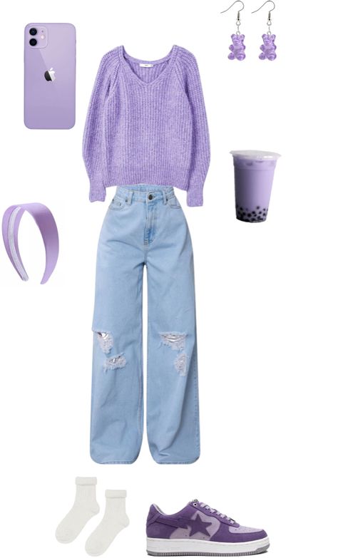 Light Blue And Purple Outfit, Iphone 12 Purple, Jumper Outfit, Preppy Fall, Purple Outfits, Purple Lavender, Outfit Maker, Outfit Shoplook, Soft Girl