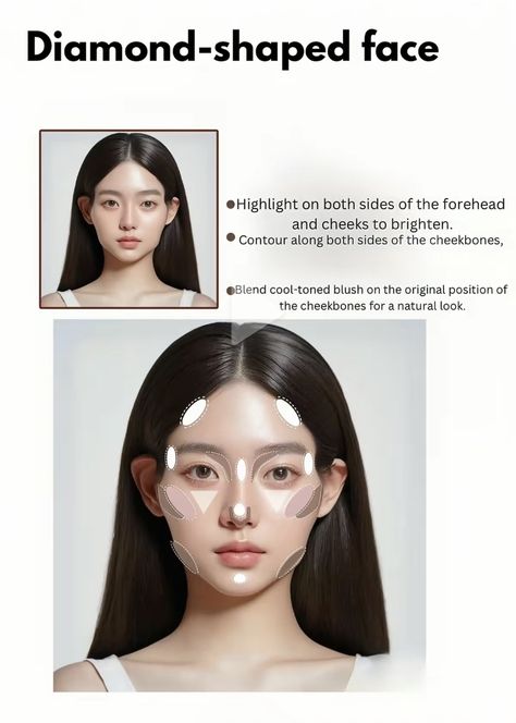 Diamond Face Shape Contouring, Makeup Diamond Face Shape, Diamond Shape Face Makeup, Diamond Shape Makeup, Diamond Shaped Face Makeup, Diamond Face Shape Contour, Blush For Diamond Face Shape, Make Up For Diamond Face Shape, Diamond Face Shape Kpop Idol