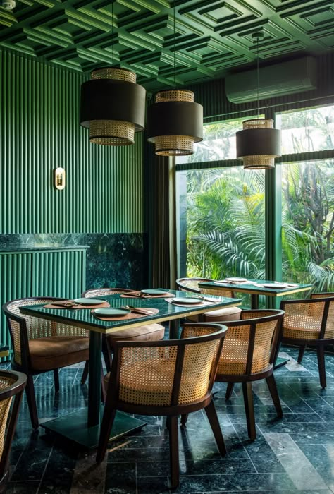 Studio Renesa creates green granite interior at Elgin Cafe Green Bar Interior Design, Bistro Interior Design Ideas, Restaurant Color Ideas, Wood Cafe Design, Restaurant Color Palette, Bistro Interior Design, Restaurant Table Design, Bistro Interior, Bistro Design