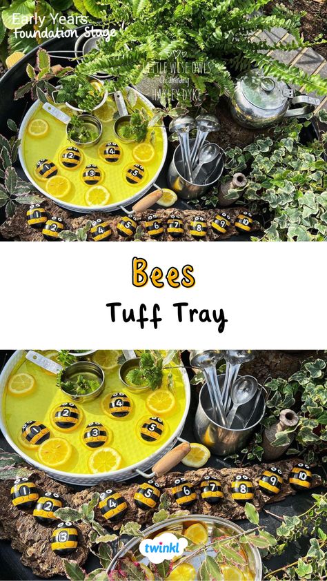 It's the season of bees so explore them with these fun bee activities and tuff trays. Click on the pin for plently of tuff tray ideas. Thanks to Little Wise Owls Childminding Bee Activities Eyfs, Bee Tuff Tray, Bees Eyfs, Minibeasts Eyfs, Tuff Tray Ideas, World Bee Day, Toddlers Room, Bee Activities, Early Years Foundation Stage