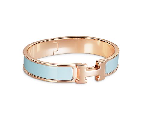 Clic H Bracelet in enamel and rose gold plating (diameter: 4.8 cm, width: 5.5 cm) Colour: glacier blue<br /> Hermes Clic H Bracelet Blue, Blue Hermes Bracelet, Tiffany Girls, H Bracelet, Hermes Bracelet, Preppy Jewelry, Bracelet Rose Gold, Hermes Jewelry, Digital Closet