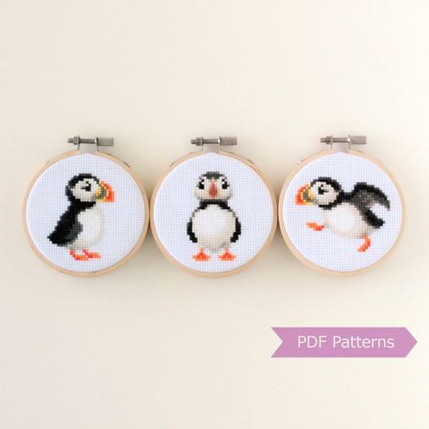 Puffin Embroidery Pattern, Puffin Cross Stitch Pattern Free, Puffin Cross Stitch Pattern, Puffin Cross Stitch, Otter Cross Stitch, Santa Hat Pattern, Celtic Cross Stitch, Owl Embroidery, Owl Cross Stitch