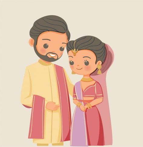 Cute indian couple in traditional dress ... | Premium Vector #Freepik #vector #love #woman #man #girl Mandala Indiana, Bride Cartoon, Cartoon Wedding Invitations, Caricature Wedding Invitations, Bride And Groom Cartoon, Wedding Couple Cartoon, Illustration Couple, Dress Cartoon, Cartoon Couples