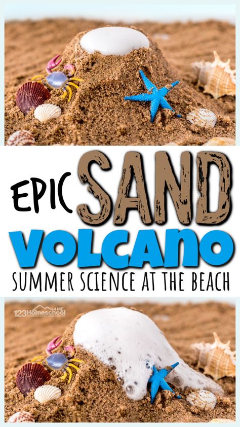 Fun Beach Activities For Kids, Sand Volcano, Beach Theme Preschool, Summer Science Experiments, Volcano Experiment, Science Experiment For Kids, Summer Kid, Experiment For Kids, Summer Camp Activities