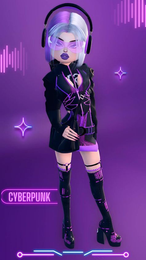 Cyberdelic Aesthetic Outfits, Cyberpunk Purple Outfit, Cuber Punk Outfits, Dress To Impress Android, Ninja Outfit Ideas, Dti Theme Futuristic Elegance, Purple Cyberpunk Outfit, Dti Theme Cyberpunk, Di Futuristic Elegance