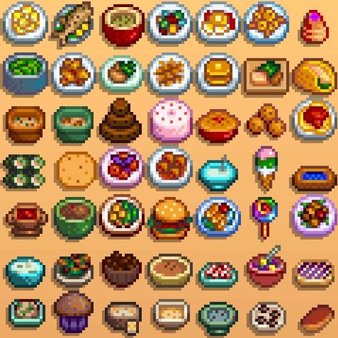 This is a reference guide for getting the Gourmet Chef achievement in Stardew Valley. The guide is organized by seasons to help you collect the right number of every ingredient needed in a timely mann Stardew Valley Food Pixel, Stardew Valley Items, Stardew Valley Food, Stardew Valley Pixel Art, Pixel Food, Pixel Art Food, Lego Custom Minifigures, Pixel Art Tutorial, Arte 8 Bits