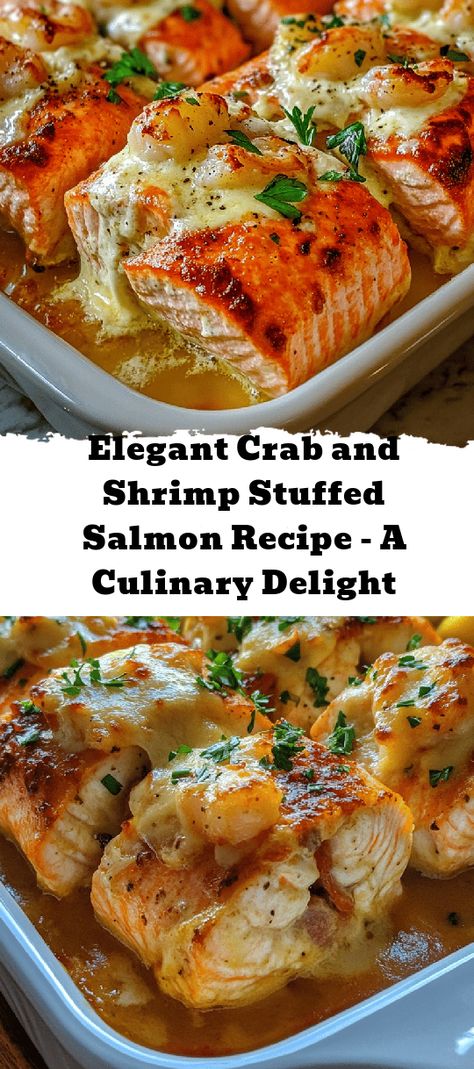 Elevate your dining experience with this delicious Elegant Crab and Shrimp Stuffed Salmon recipe. This dish features succulent salmon fillets filled with a creamy blend of lump crab meat and juicy shrimp, enhanced by a hint of lemon and flavorful seasonings. Perfect for special occasions or a comforting family dinner, it's easy to prepare and guaranteed to impress. Serve with a fresh salad or roasted veggies for a gourmet touch. Explore the world of seafood with this delightful recipe Salmon Crab Recipes, Stuff Salmon With Crab Meat And Shrimp, Salmon And Crab Recipes, Stuffed Salmon Recipes Crabmeat, Seafood Stuffed Salmon, Stuffed Salmon Recipes, Shrimp Stuffed Salmon, Lump Crab Meat Recipes, Stuffed Salmon Recipe