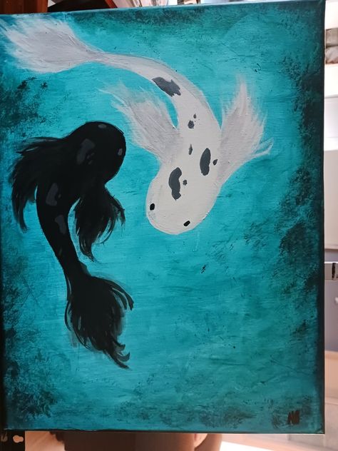 Koi fish acrylic painting forming a ying and yang one fish is black and the other white, background is blue with a black border Koi Fish Painting Acrylics, Ying Yang Painting, Koi Fish Black And White, Koi Fish Painting, Coy Fish, Painting In Acrylic, Fish Silhouette, Detailed Art, Silhouette Painting