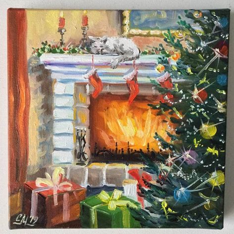 Christmas Tree Painting On Canvas, Painting Fireplace, Canvas Art Christmas, Tree Painting On Canvas, Fireplace Interior, July Art, Painted Decor, Oil Painting Background, Paint Fireplace