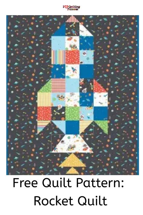 Embark on a quilting adventure with Riley Blake's free Rocket Quilt pattern, 41.5"x55.5"—a beginner-friendly cosmic crib quilt for your space explorer! Rocket Quilt Pattern, Outer Space Quilts Ideas, Space Themed Quilts, Embroidery Quilts Ideas, Space Quilt Pattern, Easy Baby Quilts For Beginners, Rocket Quilt, Quilt Patterns For Boys, Kids Quilt Patterns