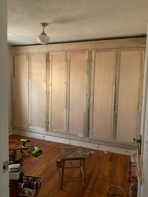 Building a Wardrobe on a Budget - Pretty Little Fawn Wall To Wall Closet Bedroom, Built In Wall Wardrobe, Diy Wardrobe With Sliding Doors, Diy Wall To Wall Closet, Farmhouse Bedroom Built Ins, Diy Wardrobe With Doors, Diy Built In Armoire Closet, Alcove Wardrobe Diy, Diy Freestanding Wardrobe