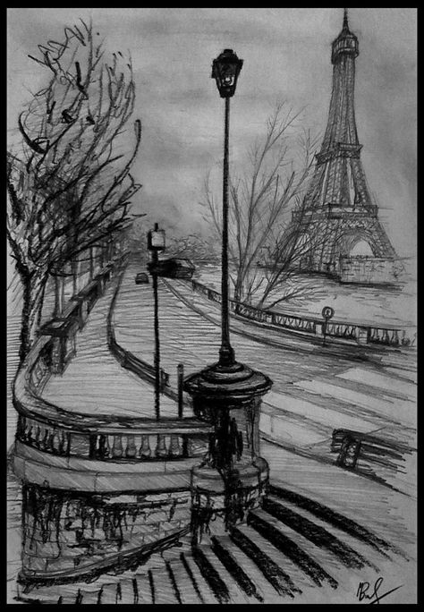 Pencil Sketches Landscape, Landscape Pencil Drawings, Tools Drawing, Landscape Sketch, Seni Dan Kraf, Art Sketches Pencil, Old Paris, Art Drawings Sketches Pencil, Charcoal Art