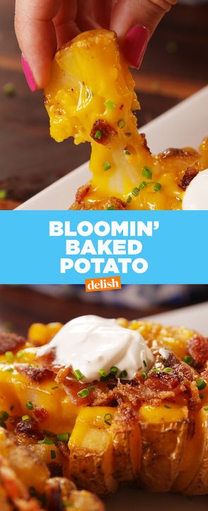 Forget bloomin' onions — Bloomin' Baked Potatoes are where it's at! Get the recipe at Delish.com. #potato #baked #recipe #easyrecipe #bacon #cheese #bloominonion #bloominpotato #bloomin #outback Potato Blossom Recipe, Blooming Potato Recipe, Bloomin Baked Potato Recipe, Potato Baked, Baked Recipe, Recipe Potato, Foods Ideas, Baked Potato Recipes, Potato Recipes Side Dishes