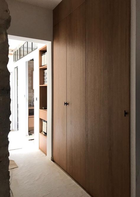 Wooden Closet Design Wardrobes, Dark Wood Cupboards Bedroom, Timber Wardrobe Doors, Wooden Built In Wardrobe, Wardrobe Outer Design, Long Hallway Storage, Brown Closet Doors, Wardrobe Dark Wood, Dark Wood Closet