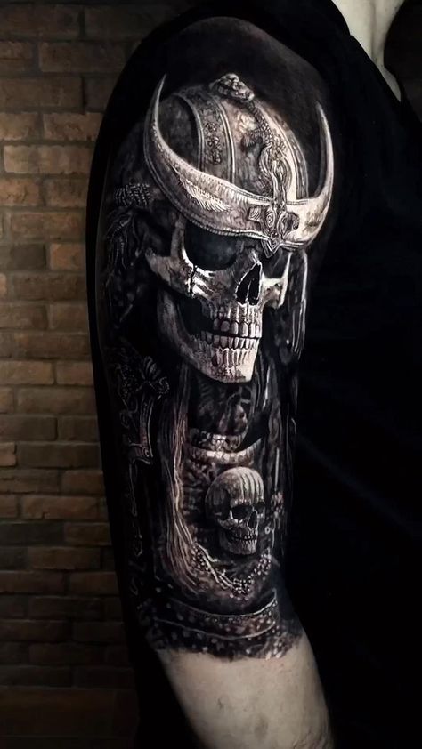 3d Effect Tattoo, Eliot Kohek, Cover Up Tattoos For Men, Skull Art Tattoo, Skull Girl Tattoo, Skull Sleeve Tattoos, Realistic Tattoo Sleeve, Skull Sleeve, Dragon Sleeve Tattoos