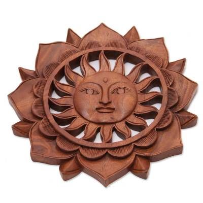 UNICEF Market | Floral Sun-Themed Suar Wood Relief Panel from Bali - Sun Flower Sun With A Face, Ceramic Sun, Wood Relief, Body Art Photography, Eclectic Modern, Wood Molding, Flower Bird, Accent Wall Decor, Buy Wood