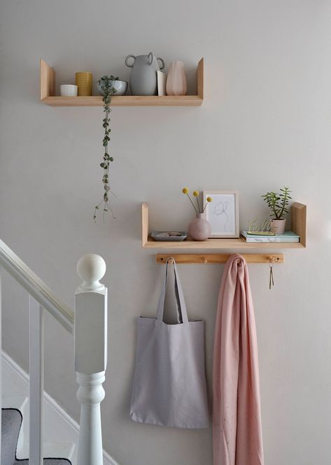 Entrance Hall Shelf, Plants In Hallway Entryway, Hallway Shelves Narrow, Narrow Entry Shelf, Hallway Narrow Shelf, Hallway Plany Shelves, Tiny Entrance Hall Ideas, Shelving Unit Ideas, Hallway Shelves