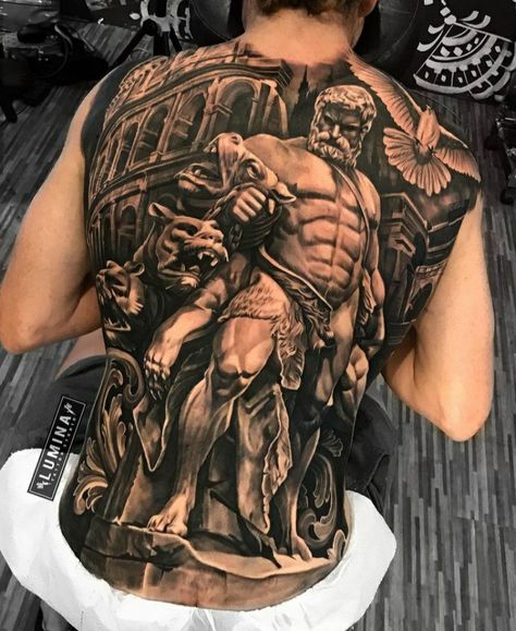 Hercules Back Tattoo, Hades Back Tattoo, Hades Chest Tattoo, Greek Mythology Chest Tattoo Men, Roman Back Tattoo, Greek Mythology Chest Tattoo, Greek Mythology Back Tattoo, Greek Back Tattoo, Hercules Tattoo Mythology