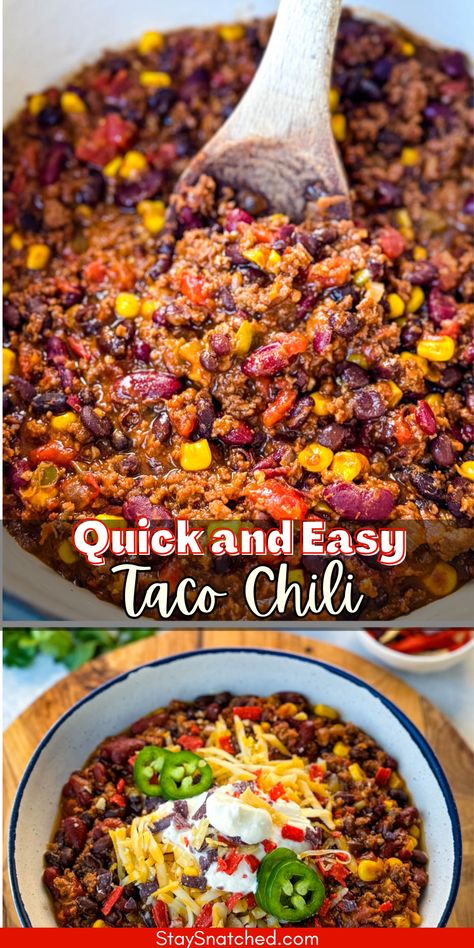 Switch up your standard beef chili with this hearty bowl of Taco Chili. This dish is packed with delicious flavors and topped with melty cheese, zesty salsa, creamy sour cream, and crunchy tortilla strips. This comforting meal is perfect for any occasion, providing the best blend of textures and tastes that everyone will love. Salsa Chili Recipe, Taco Chili Recipe, Chili Tacos, Farmhouse Recipes, Chili Recipe Healthy, Taco Chili, Healthy Chili, Savory Recipe, Tortilla Strips