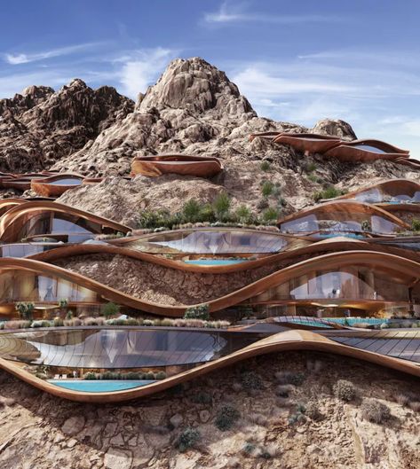 Trojena: The mountains of NEOM Resort On Hill, Mountain Resort Design Concept, Mountain Inspired Architecture, Architecture On Hill, Saudi Mountains, Mountain Architecture Concept, Hotel In Mountain, Mountain Resort Design, Mountain Resort Architecture