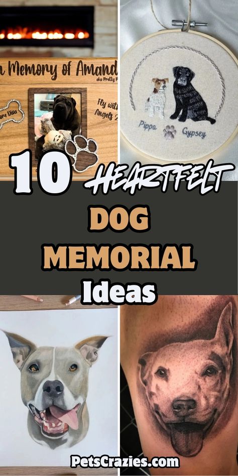 The image showcases "10 Heartfelt Dog Memorial Ideas" featuring custom dog memorial keepsakes, including engraved wooden plaques, embroidered hoops, colored pencil portraits, and realistic dog tattoos. The overall design uses warm tones and displays various thoughtful ways to honor a pet's memory, with text emphasizing "Heartfelt" in a bold handwritten font. The theme is a mix of personalized tributes, offering a heartfelt way to remember and celebrate the life of a cherished dog. Dog Tag Memorial Ideas, Dog Memorial Plaque, Dog Memory Ideas, Diy Pet Memorial Ideas, Dog Memorial Ideas, Pet Memorial Ideas Dogs, Pet Memorial Ideas, Dog Memory, All Ideas