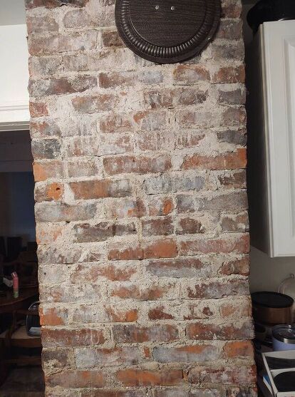 Exposed Fireplace Chimney, Old Chimney Ideas, Old Chimney Makeover, Painting Chimney Brick, Brick Chimney Living Room, Red Brick Living Room, Exposed Chimney, Exposed Brick Chimney, Old Brick Fireplace