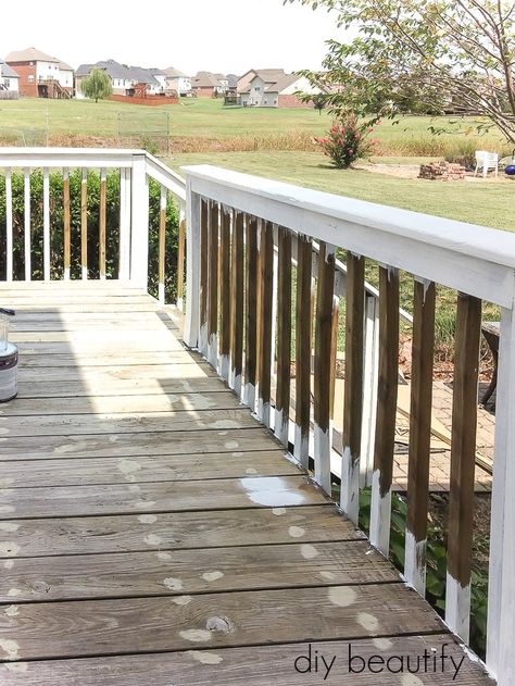 painting a deck White Decks Backyard, Brown Deck With White Railings, Deck Makeover Before And After, Deck Renovation Before And After, Painted Back Deck, White Stained Deck, Deck Colors For Beige House, Painted Wood Deck Ideas, Paint Deck Ideas