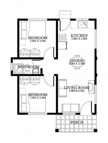 Minimalist Two Bedroom House Design + Plan - Engineering Discoveries Two Bedroom Apartment, Small Floor Plans, Little House Plans, Two Bedroom House, 2 Bedroom House Plans, Free House Plans, A Small House, Small House Floor Plans, 4 Bedroom House Plans