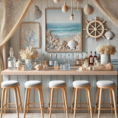 Beach Bakery, Beach House Bar, Houses Aesthetic, Bar Design Ideas, Decoupage Bottles, Home Bar Areas, Indoor Bar, House Bar, Beach Room