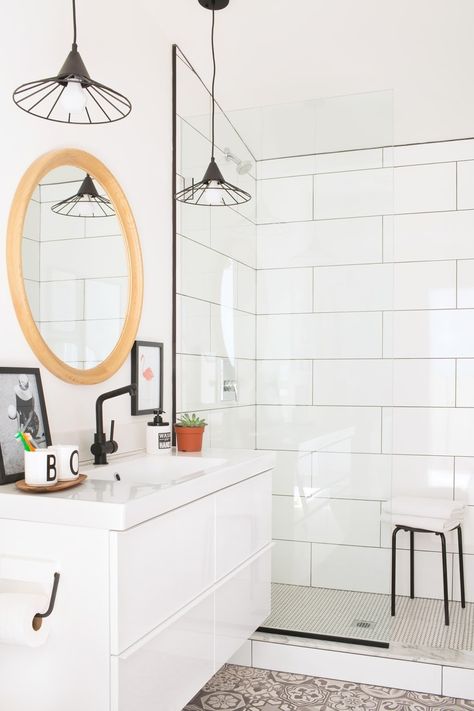 Large Subway Tile Bathroom, Large Subway Tile, Large White Tiles, White Tile Shower, Subway Tile Showers, Subway Tiles Bathroom, Bathroom Remodel Cost, White Bathroom Tiles, Upstairs Bathrooms