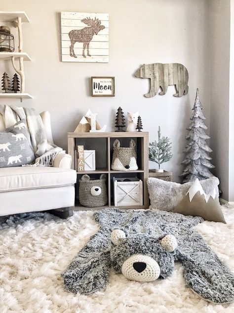 Grey Animal Themed Nursery, Nordic Nursery Inspiration, Winter Themed Nursery, Nursery Grey Furniture, Small Nursery Layout, Baby Nursery Inspiration, Mountain Nursery, Baby Room Themes, Cute Nursery