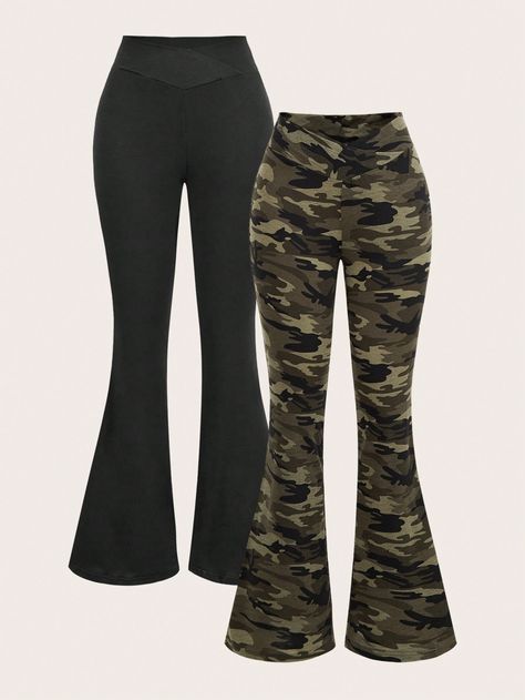 2pcs Women Camouflage Print Waist Bandage Design Leggings Flare Pants Set, Suitable For Spring And Autumn Multicolor Casual    Plain,Camo,All Over Print Flare Leg Slight Stretch  Women Clothing, size features are:Bust: ,Length: ,Sleeve Length: Bandage Design, Flare Pants Set, Leggings Flare, Designer Leggings, Flare Yoga Pants, Womens Camo, Camouflage Print, Baggy Pant, Womens Tie