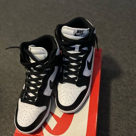 Nike Dunk High Top Panda Sneakers Nike Dunk High Sneakers, High Rise Nike Shoes, High Top Black And White Dunks Outfits, Nike High Tops Men, Dunks Shoes High Top, High Top Panda Dunks, Nike Panda Dunks High, Panda High Dunks, Panda Dunks High