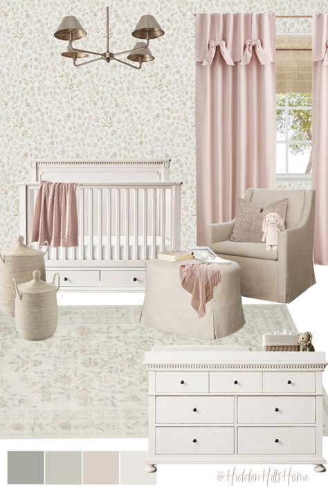 Cute nursery decor mood board with beige and pink colors throughout! Baby girl nursery inspiration Light Pink Neutral Nursery, Small Print Floral Wallpaper, Floral Neutral Nursery, Blush And Beige Nursery, Whole Room Wallpaper, Modern Organic Nursery Girl, Neutral Nursery With Pops Of Pink, Dreamy Nursery Girl, Wallpaper For Nursery Girl