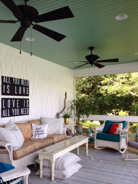 Gorgeous Porch Ceilings in Haint Blue Edie Wadsworth, Benjamin Moore Wythe Blue, Life In Grace, Blue Porch Ceiling, Blue Porch, Painted Porch, Screen Porches, Ceiling Color, Country Doors