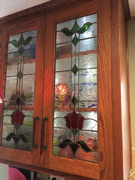 Stained glass kitchen cabinet Stained Glass Cupboard Doors, Stained Glass Cabinets Kitchen, Stained Glass Kitchen Cabinet Doors, Stained Glass Kitchen Cabinets, Stained Glass Kitchen, Serving Window, Craftsman Lamps, Stained Glass Cabinets, Glass Kitchen Cabinet