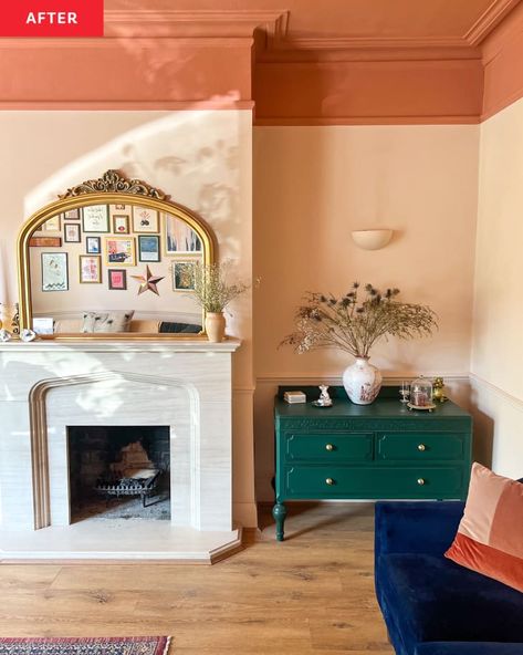 1970s Fireplace, Natural Wood Mantel, Peach Living Rooms, Ceiling Ideas Living Room, 1930s Living Room, Light Pink Walls, Living Room Redo, Bright Living Room, Cosy Living Room