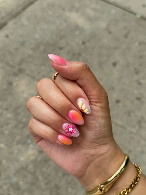 #almond #almondshapenails #nails #pink #orange #aesthetic #girly #summer #fashion #colorful #trendy #trendynails Cute Funky Nails Almond, Pink And Orange Nails Design, Pink Orange Nails Summer, Aubrey Nails, Colorful Almond Nails, Orange Pink Nails, Pink Orange Aesthetic, Hawiian Nails, Pink And Orange Nails