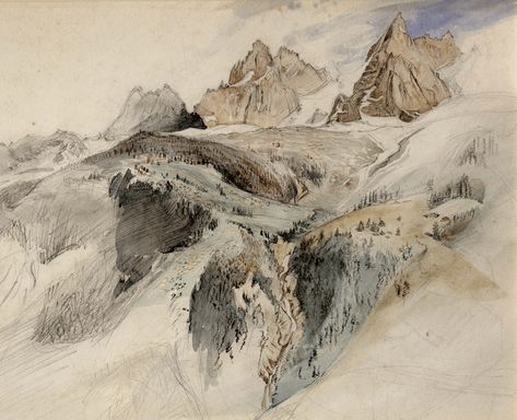 “Aiguille Charmoz, Chamonix,” 1849. John Ruskin (1819 – 1900). Pencil, ink and watercolor, 11 13/16 x 15 3/4 inches. Ruskin Foundation (Ruskin Library, Lancaster University) Flock Of Crows, Lancaster University, Pencil And Watercolor, Watercolor Paintings Nature, John Everett Millais, John Ruskin, Art Articles, William Turner, Andrew Wyeth