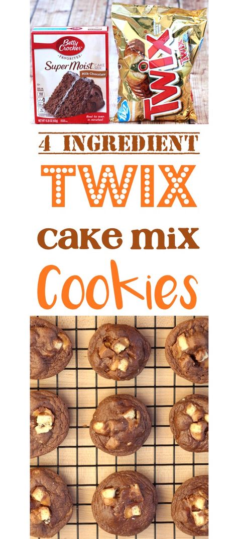 Twix Cookies Recipe! This Easy 4 Ingredient Cake Mix Cookie Recipe is simple to make and SO delicious! Always the hit of the party, and a family favorite! 4 Ingredient Cake, Twix Cupcakes, Cake Mix Cookie Recipe, Twix Cake, Cake Mix Cookie, Cookie Cups Recipe, Sugar Cookie Crust, Cookie Brownie Recipe, Twix Cookies