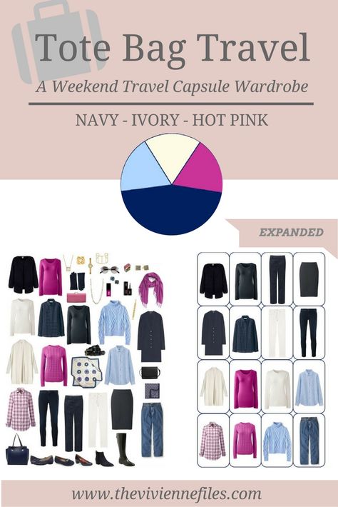 A travel capsule wardrobe with accessories expanded in a navy blue, ivory, and hot pink color palette Pink Capsule Wardrobe, One Suitcase, Mode Tips, Travel Capsule, Fashion Capsule Wardrobe, Travel Capsule Wardrobe, Minimalist Capsule Wardrobe, Color Palette Pink, Wardrobe Planning