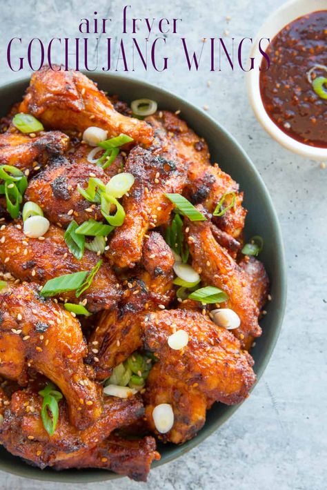 Gochujang Chicken Wings made in the Air Fryer are simple and tasty. Make your next batch with this Korean red pepper condiment and level up your wing game. #chickenwings #airfryerrecipes #chickenwingrecipe #wings #chickenrecipe #gamedayrecipe #gochujang #Koreanchickenwings #Koreanrecipes via @ediblesense Bulgogi Chicken Wings, Air Fryer Korean Chicken Wings, Chicken Wings In The Air Fryer, Gochujang Wings Recipe, Gochujang Wings, Gochujang Chicken Wings, Airfry Recipes, Home Korean, Korean Chicken Wings