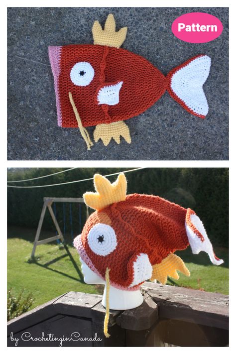 7 Fun Fish Hat Crochet Patterns Free & Paid - Page 2 of 2 Magikarp Hat Crochet Pattern, Magikarp Crochet Hat Pattern Free, Magikarp Crochet Hat, Crochet Magikarp, Fish Hat Crochet, Hat Crochet Patterns Free, Magikarp Hat, Hat Crochet Patterns, Magic Circle Crochet