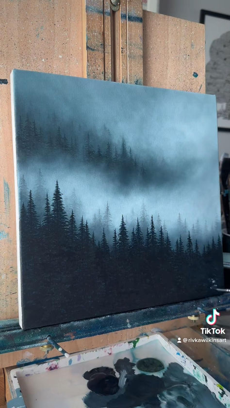 Fog Forest Painting Acrylic, Painting Ideas Reference, Paint With Acrylics Ideas, Oil And Acrylic Paintings, Dark Academia Acrylic Paintings, Art Forest Painting, Canvas Preparation Acrylic Paintings, How To Paint A Deer On Canvas, Painting A Forest Acrylic